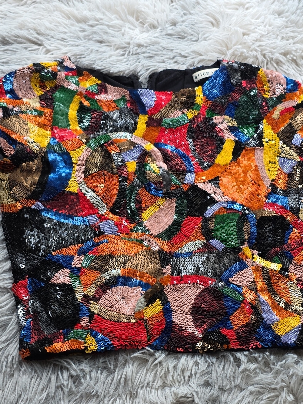 Alice + Olivia Multicolor Sequin Circle-Pattern Crop Top